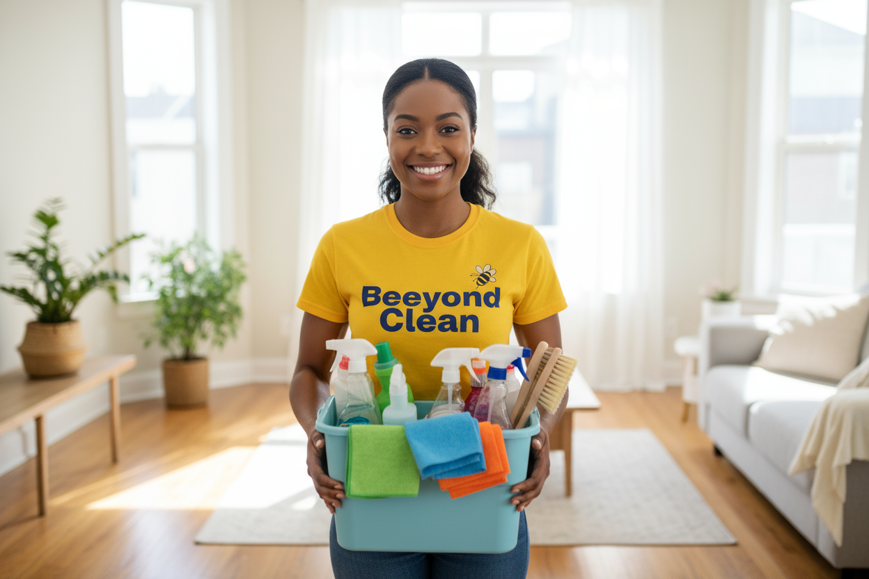 A black woman doing residential cleaning wearing yellow Beeyond clean theme shirt. She has her supplies and she looks happy 