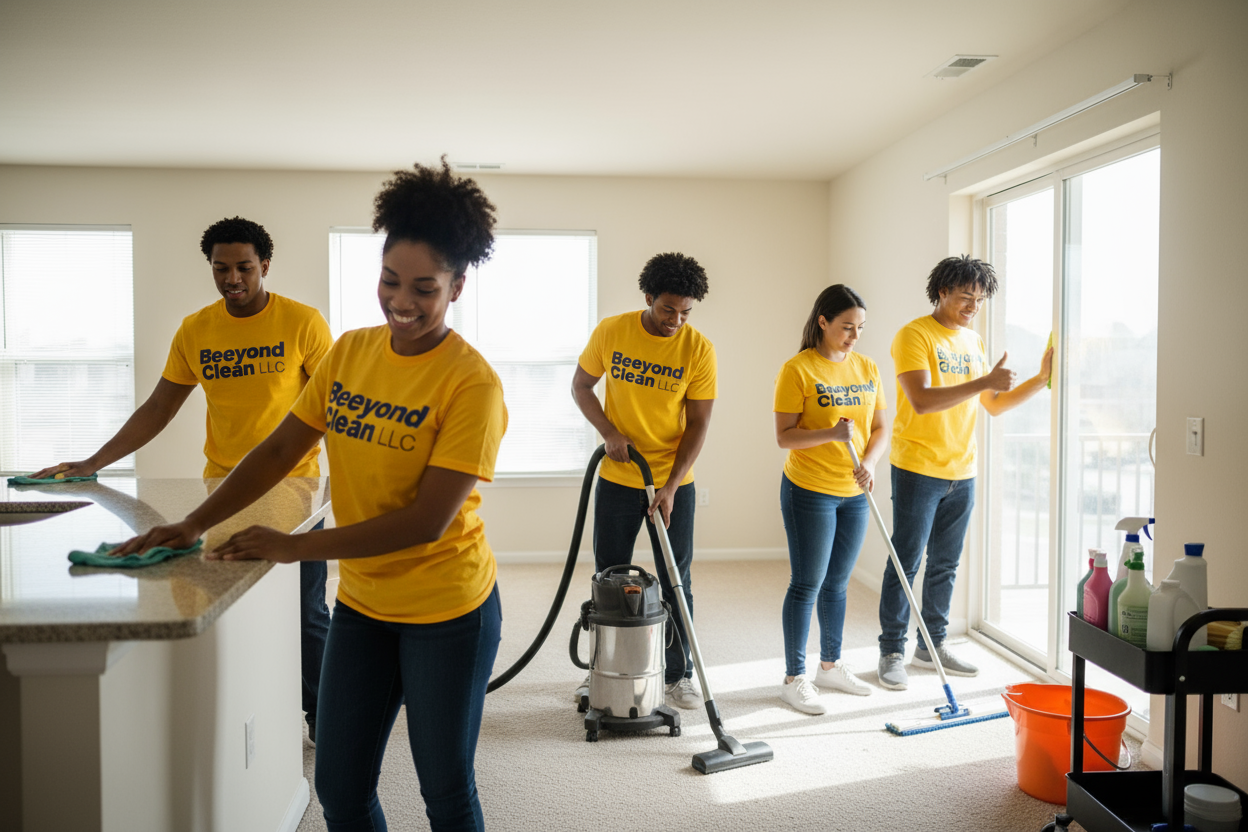 Cleaning crew doing a move in move out clean. Wearing yellow visible Beeyond clean LLC tshirt and looking busy and happy 
